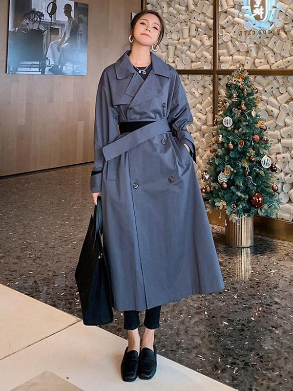 LANMREM 2022. Jesenski trenč kaput za žene s dvostrukim kopčanjem, jednobojna široka duga vjetrovka, ženska moda 2R1217