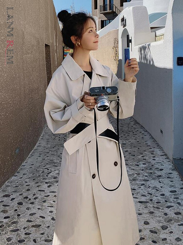 LANMREM 2022. Jesenski trenč kaput za žene s dvostrukim kopčanjem, jednobojna široka duga vjetrovka, ženska moda 2R1217