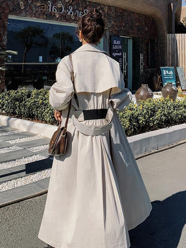 LANMREM 2022. Jesenski trenč kaput za žene s dvostrukim kopčanjem, jednobojna široka duga vjetrovka, ženska moda 2R1217