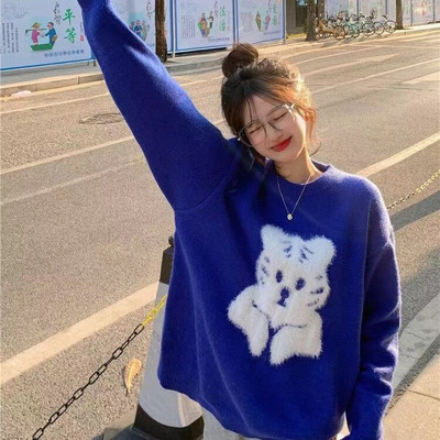 Crtani džemper s jastučićima u obliku zeca, ženski jesenski i zimski novi, sveobuhvatni ležerni preveliki džemper slatki, slatki pulover u fakultetskom stilu
