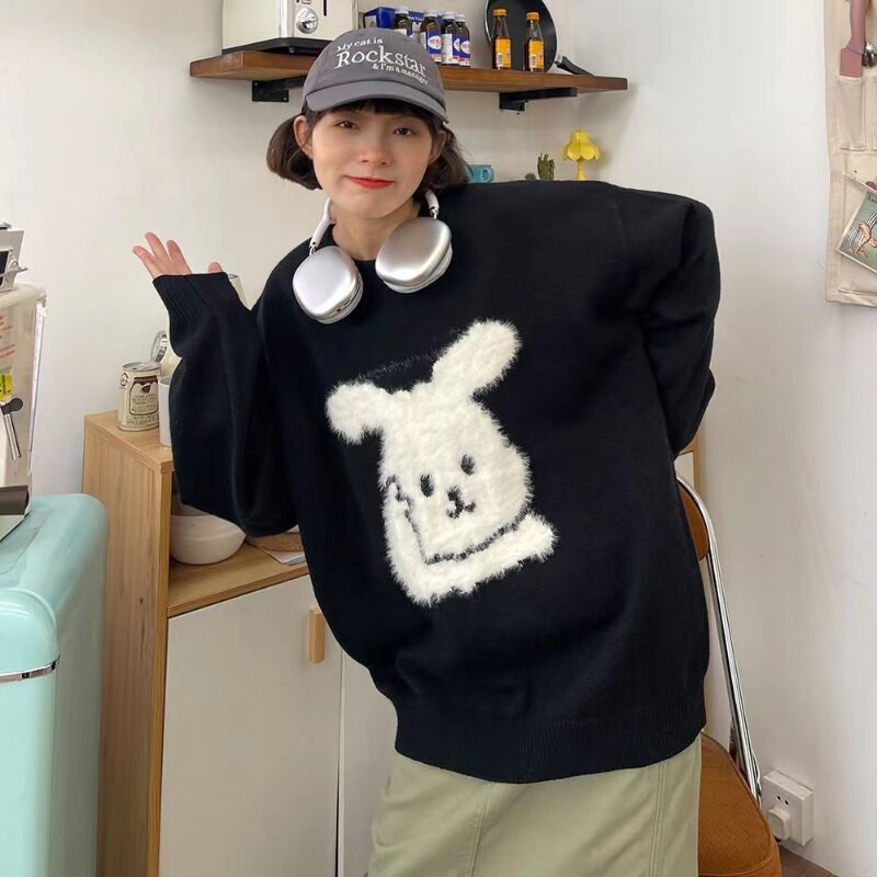 Crtani džemper s jastučićima u obliku zeca, ženski jesenski i zimski novi, sveobuhvatni ležerni preveliki džemper slatki, slatki pulover u fakultetskom stilu