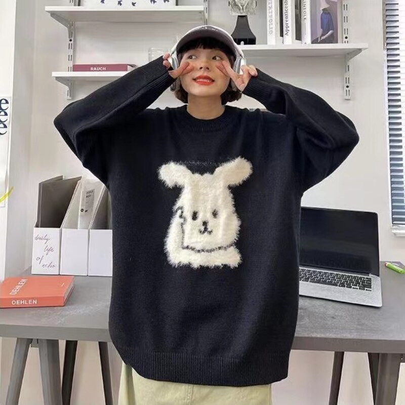 Crtani džemper s jastučićima u obliku zeca, ženski jesenski i zimski novi, sveobuhvatni ležerni preveliki džemper slatki, slatki pulover u fakultetskom stilu