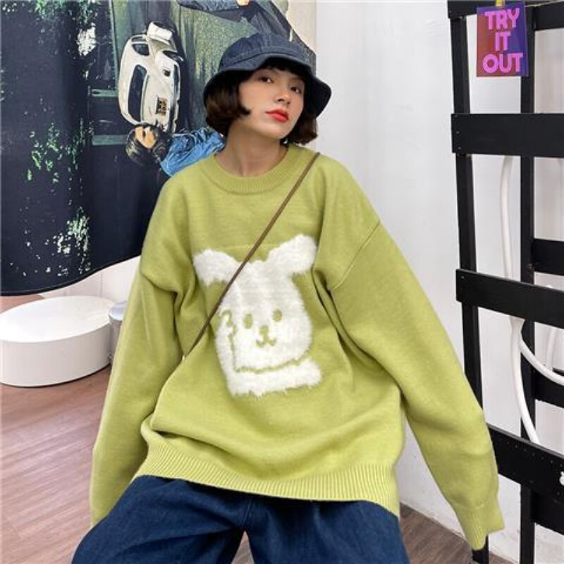 Crtani džemper s jastučićima u obliku zeca, ženski jesenski i zimski novi, sveobuhvatni ležerni preveliki džemper slatki, slatki pulover u fakultetskom stilu