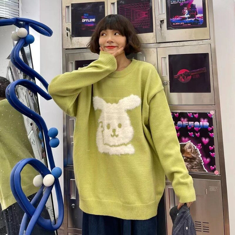 Crtani džemper s jastučićima u obliku zeca, ženski jesenski i zimski novi, sveobuhvatni ležerni preveliki džemper slatki, slatki pulover u fakultetskom stilu