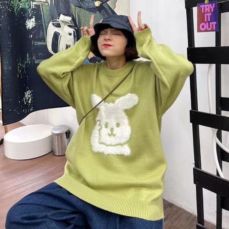 Crtani džemper s jastučićima u obliku zeca, ženski jesenski i zimski novi, sveobuhvatni ležerni preveliki džemper slatki, slatki pulover u fakultetskom stilu