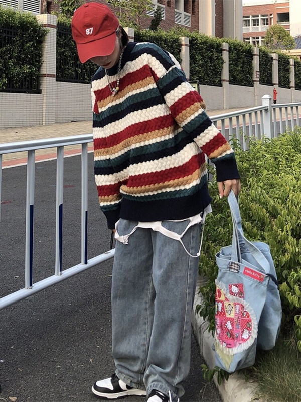 Jesen Zima Ženski 2022. Vintage prugasti pleteni džemper kontrastne boje širok široki pleteni pulover s dugim rukavima trendi dizajna