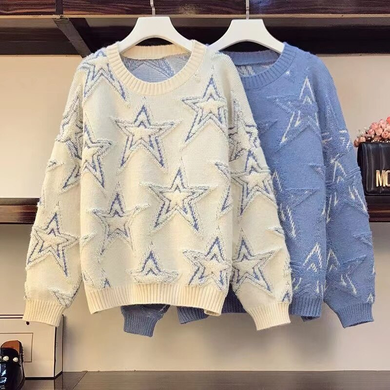 Pulover sa zvjezdanim vezom Ženski svježi džemper Jesen Zima Korejska verzija Široka bluza Ulična odjeća Puloveri Džemper Jakna Kaput