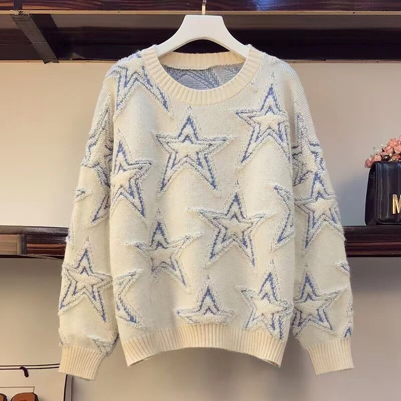 Pulover sa zvjezdanim vezom Ženski svježi džemper Jesen Zima Korejska verzija Široka bluza Ulična odjeća Puloveri Džemper Jakna Kaput