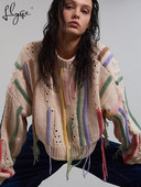 Ošišani ženski pulover s resicama, široki pleteni jesenski ženski pulover s O-izrezom i dugim rukavima, široki gornji dio