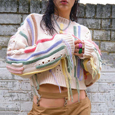 Ošišani ženski pulover s resicama, široki pleteni jesenski ženski pulover s O-izrezom i dugim rukavima, široki gornji dio