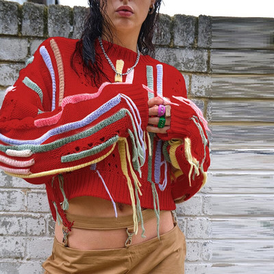 Ošišani ženski pulover s resicama, široki pleteni jesenski ženski pulover s O-izrezom i dugim rukavima, široki gornji dio