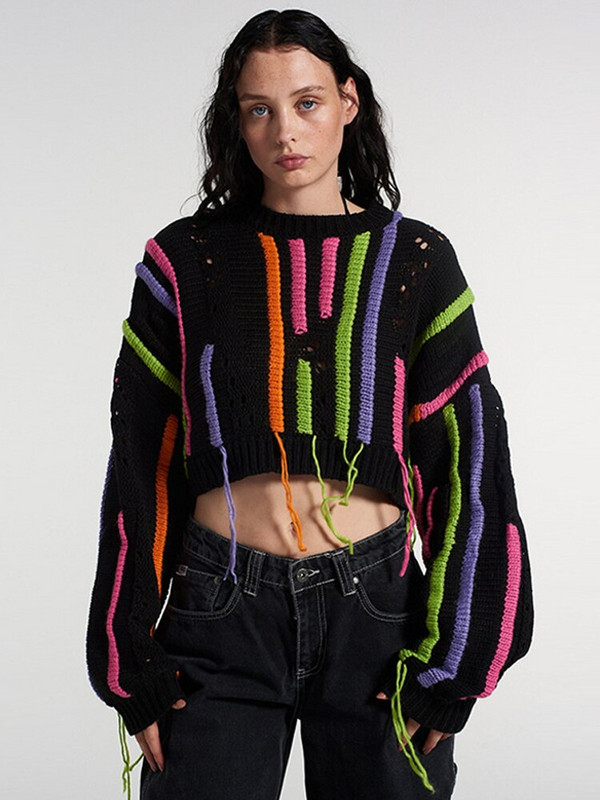 Ošišani ženski pulover s resicama, široki pleteni jesenski ženski pulover s O-izrezom i dugim rukavima, široki gornji dio