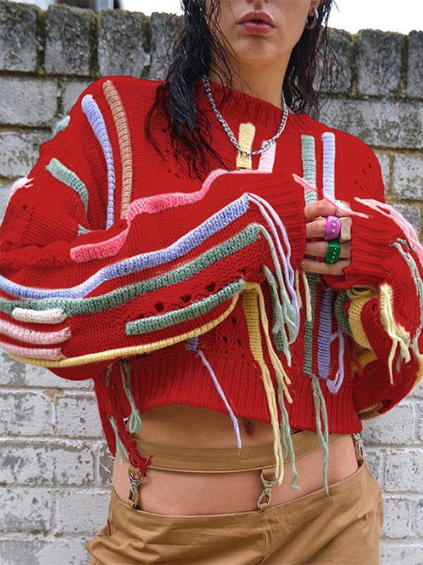 Ošišani ženski pulover s resicama, široki pleteni jesenski ženski pulover s O-izrezom i dugim rukavima, široki gornji dio