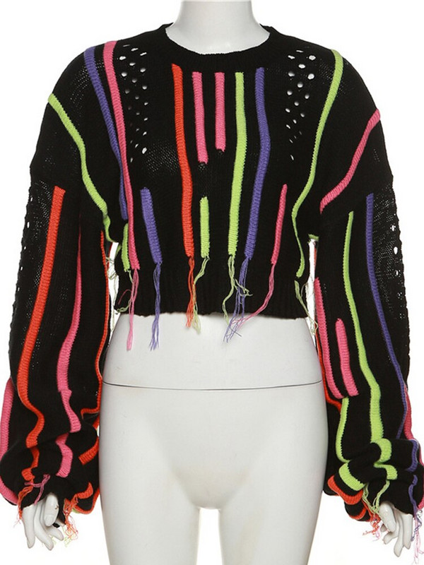 Ošišani ženski pulover s resicama, široki pleteni jesenski ženski pulover s O-izrezom i dugim rukavima, široki gornji dio