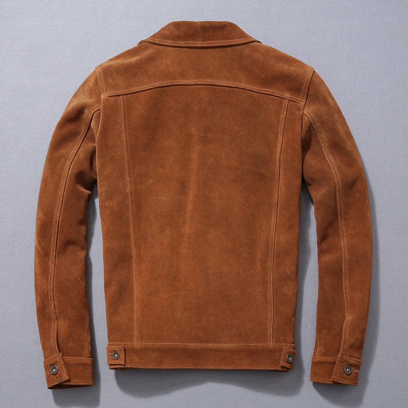 Bezmaksas sūtīšana. Super izpārdošana. Lēta zamšādas ādas jaka. Vīriešu teļa ādas mētelis klasiskā ikdienas stilā. Plāns audums no īstas ādas