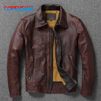 Besplatna dostava! Visokoslojna velika kožna jakna od kravlje kože Crveno smeđa američka retro motociklistička elegantna izlizana jakna u boji High Sense