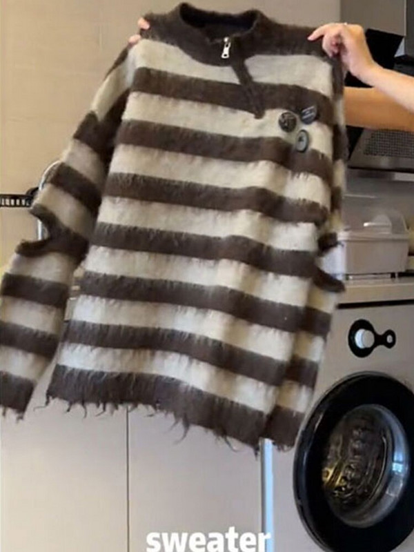 Harajuku pletivo Izdubljeni ženski široki pulover jesen zima plišani prugasti dizajn Meki pleteni pulover Vintage Ulična odjeća s patentnim zatvaračem