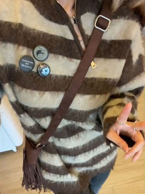 Harajuku pletivo Izdubljeni ženski široki pulover jesen zima plišani prugasti dizajn Meki pleteni pulover Vintage Ulična odjeća s patentnim zatvaračem