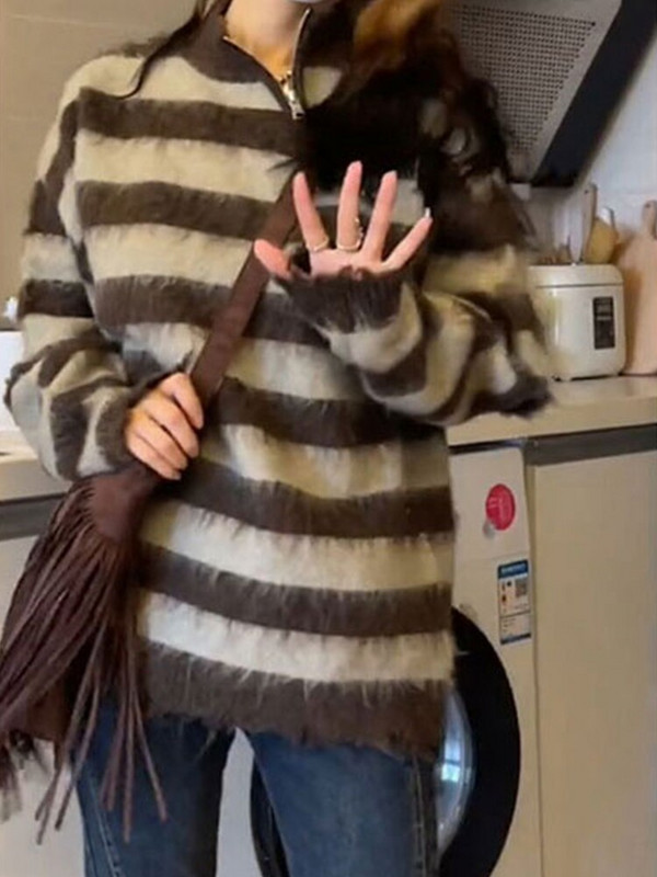 Harajuku pletivo Izdubljeni ženski široki pulover jesen zima plišani prugasti dizajn Meki pleteni pulover Vintage Ulična odjeća s patentnim zatvaračem