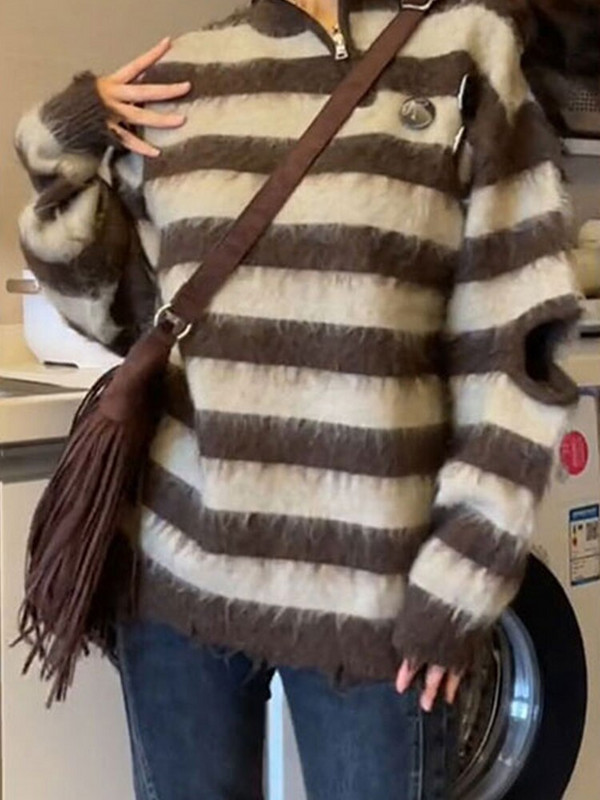 Harajuku pletivo Izdubljeni ženski široki pulover jesen zima plišani prugasti dizajn Meki pleteni pulover Vintage Ulična odjeća s patentnim zatvaračem