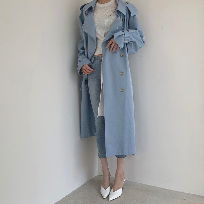 Φθινόπωρο 2022 Μπεζ ζωσμένος μεσαίο μήκος γυναικείο παλτό, χαλαρό, με διπλό στήθος και με κουμπιά με κουμπιά για αντιανεμική διακόσμηση
