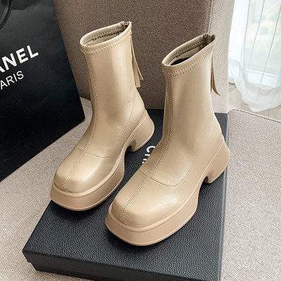 Γυναικείες μπότες πλατφόρμας 2022 Κομψές μπότες κοντές τετράγωνες μύτες Φερμουάρ Μαλακό δέρμα Γυναικεία μόδα φθινοπωρινά χειμερινά παπούτσια