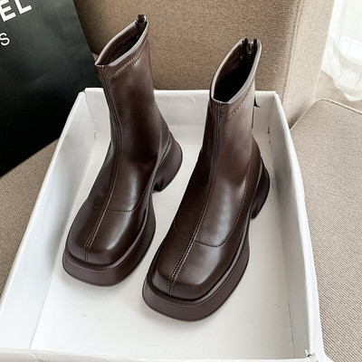 Γυναικείες μπότες πλατφόρμας 2022 Κομψές μπότες κοντές τετράγωνες μύτες Φερμουάρ Μαλακό δέρμα Γυναικεία μόδα φθινοπωρινά χειμερινά παπούτσια