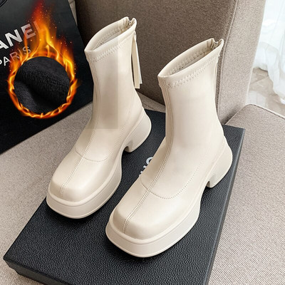 Γυναικείες μπότες πλατφόρμας 2022 Κομψές μπότες κοντές τετράγωνες μύτες Φερμουάρ Μαλακό δέρμα Γυναικεία μόδα φθινοπωρινά χειμερινά παπούτσια