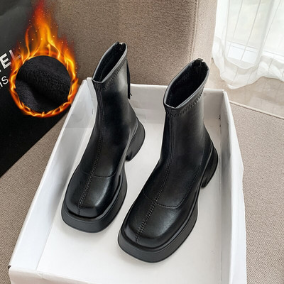 Γυναικείες μπότες πλατφόρμας 2022 Κομψές μπότες κοντές τετράγωνες μύτες Φερμουάρ Μαλακό δέρμα Γυναικεία μόδα φθινοπωρινά χειμερινά παπούτσια