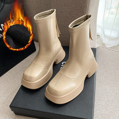 Γυναικείες μπότες πλατφόρμας 2022 Κομψές μπότες κοντές τετράγωνες μύτες Φερμουάρ Μαλακό δέρμα Γυναικεία μόδα φθινοπωρινά χειμερινά παπούτσια
