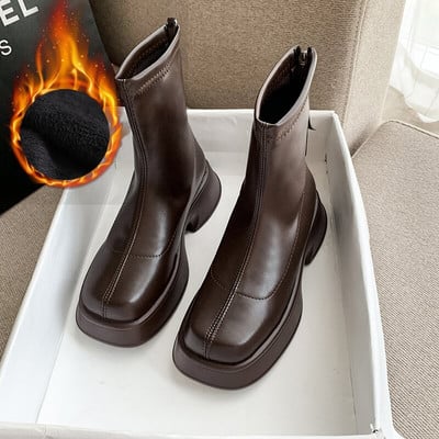 Γυναικείες μπότες πλατφόρμας 2022 Κομψές μπότες κοντές τετράγωνες μύτες Φερμουάρ Μαλακό δέρμα Γυναικεία μόδα φθινοπωρινά χειμερινά παπούτσια