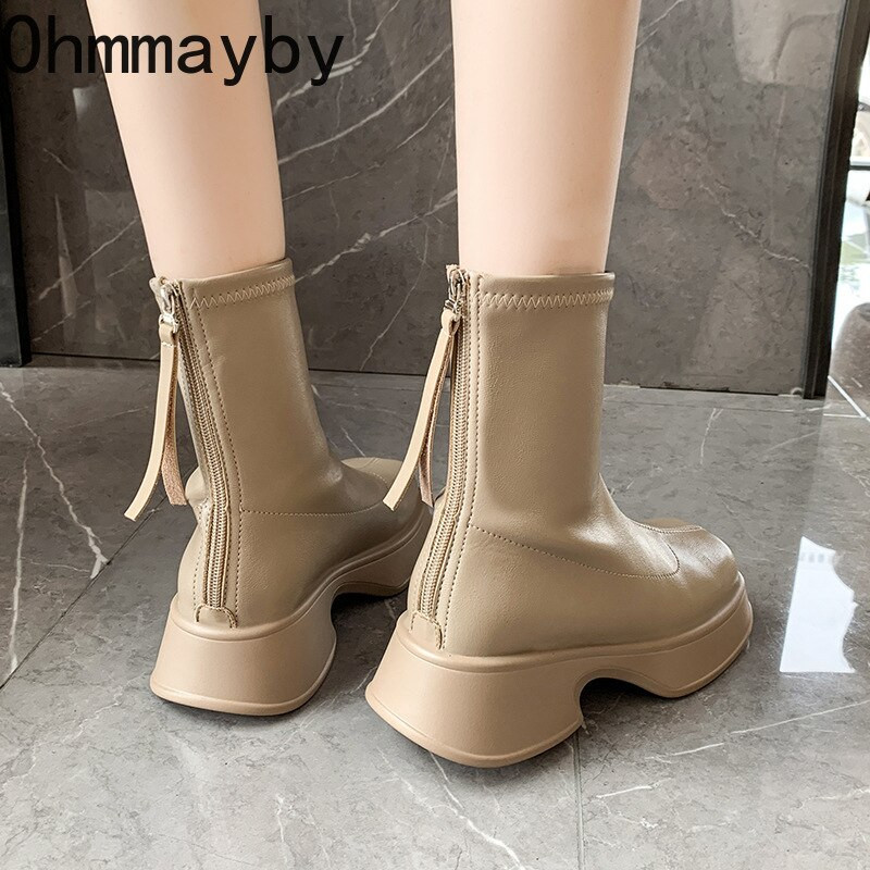 Γυναικείες μπότες πλατφόρμας 2022 Κομψές μπότες κοντές τετράγωνες μύτες Φερμουάρ Μαλακό δέρμα Γυναικεία μόδα φθινοπωρινά χειμερινά παπούτσια