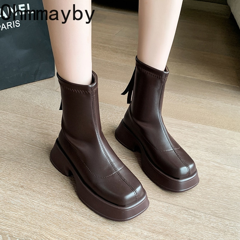 Γυναικείες μπότες πλατφόρμας 2022 Κομψές μπότες κοντές τετράγωνες μύτες Φερμουάρ Μαλακό δέρμα Γυναικεία μόδα φθινοπωρινά χειμερινά παπούτσια