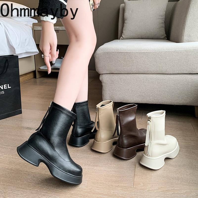 Γυναικείες μπότες πλατφόρμας 2022 Κομψές μπότες κοντές τετράγωνες μύτες Φερμουάρ Μαλακό δέρμα Γυναικεία μόδα φθινοπωρινά χειμερινά παπούτσια