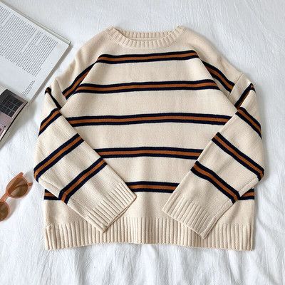 Sügistalvine naiste kampsun, värvi kontrastsusega triibuline O-kaelusega mood Vintage Korea Täiesti sobiv preppy stiilis naiste kootud pullover