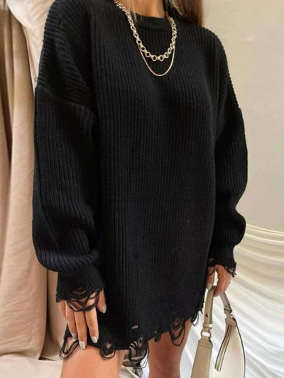 Rudens un ziemas jauns masīvs, apaļš kakla izgriezums ar garām piedurknēm, caurums, vaļīgs trikotāžas džemperis, sieviešu topi, sieviešu 2022. gada džemperis