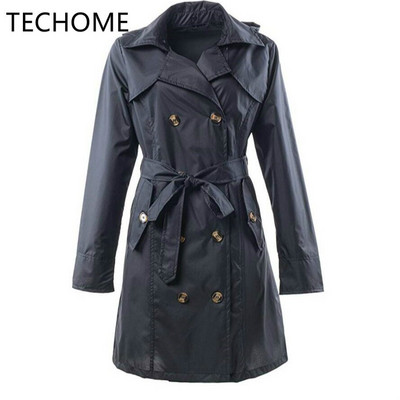 TECHOME sieviešu klasiskais divrindu mētelis, ūdensizturīgs lietusmētelis ar kapuci, garš rudens vējjaka virsdrēbes ar jostu haki