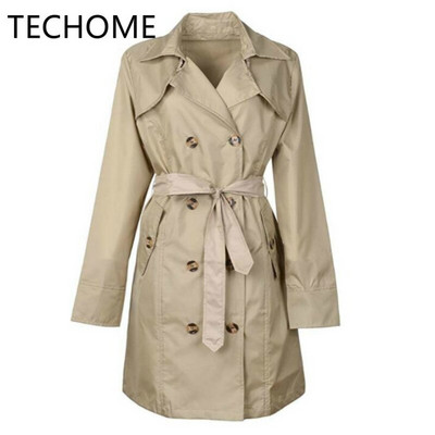 TECHOME sieviešu klasiskais divrindu mētelis, ūdensizturīgs lietusmētelis ar kapuci, garš rudens vējjaka virsdrēbes ar jostu haki