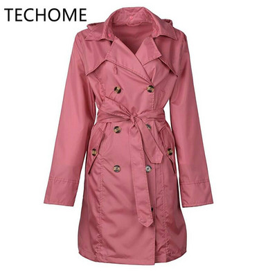 TECHOME sieviešu klasiskais divrindu mētelis, ūdensizturīgs lietusmētelis ar kapuci, garš rudens vējjaka virsdrēbes ar jostu haki