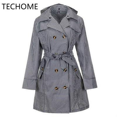 TECHOME sieviešu klasiskais divrindu mētelis, ūdensizturīgs lietusmētelis ar kapuci, garš rudens vējjaka virsdrēbes ar jostu haki