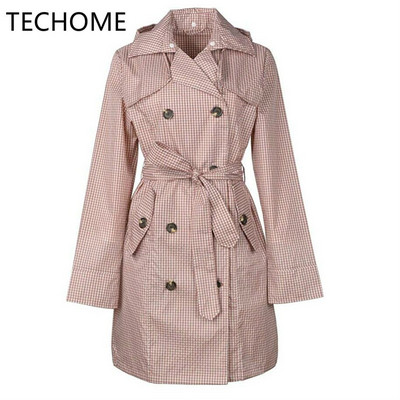 TECHOME sieviešu klasiskais divrindu mētelis, ūdensizturīgs lietusmētelis ar kapuci, garš rudens vējjaka virsdrēbes ar jostu haki