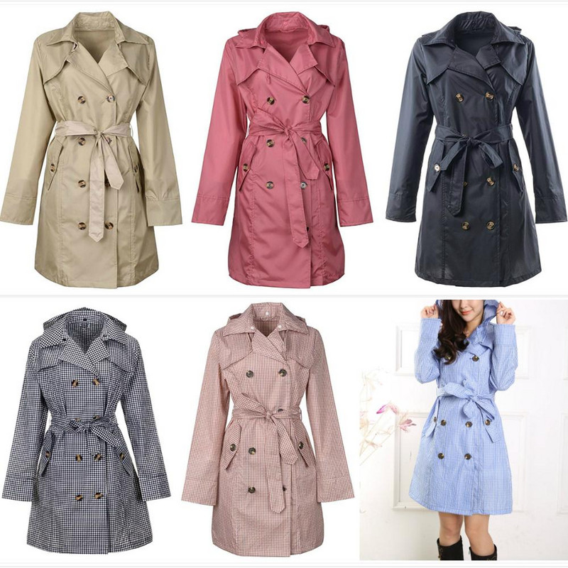 TECHOME sieviešu klasiskais divrindu mētelis, ūdensizturīgs lietusmētelis ar kapuci, garš rudens vējjaka virsdrēbes ar jostu haki