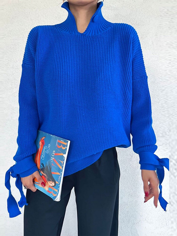 Πλεκτά πουλόβερ με μονό γιακά 2022 Κομψές μανσέτες με κορδόνια γυναικεία φθινοπωρινά χειμωνιάτικα ζεστά γυναικεία κομψά πουλόβερ