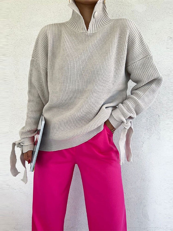 Πλεκτά πουλόβερ με μονό γιακά 2022 Κομψές μανσέτες με κορδόνια γυναικεία φθινοπωρινά χειμωνιάτικα ζεστά γυναικεία κομψά πουλόβερ