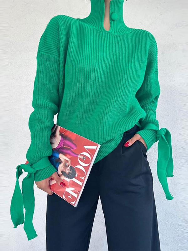 Πλεκτά πουλόβερ με μονό γιακά 2022 Κομψές μανσέτες με κορδόνια γυναικεία φθινοπωρινά χειμωνιάτικα ζεστά γυναικεία κομψά πουλόβερ