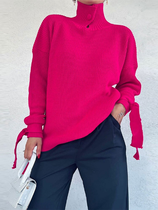 Πλεκτά πουλόβερ με μονό γιακά 2022 Κομψές μανσέτες με κορδόνια γυναικεία φθινοπωρινά χειμωνιάτικα ζεστά γυναικεία κομψά πουλόβερ