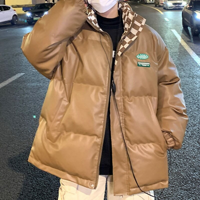 Vīriešu PU ādas parkas Privathinker biezas kokvilnas mētelis, polsterēts rūtains mētelis Modes zīmola statīvs apkakle Vīriešu unisex ziemas jakas