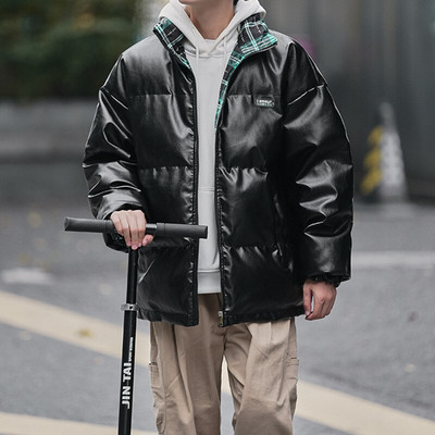 Vīriešu PU ādas parkas Privathinker biezas kokvilnas mētelis, polsterēts rūtains mētelis Modes zīmola statīvs apkakle Vīriešu unisex ziemas jakas