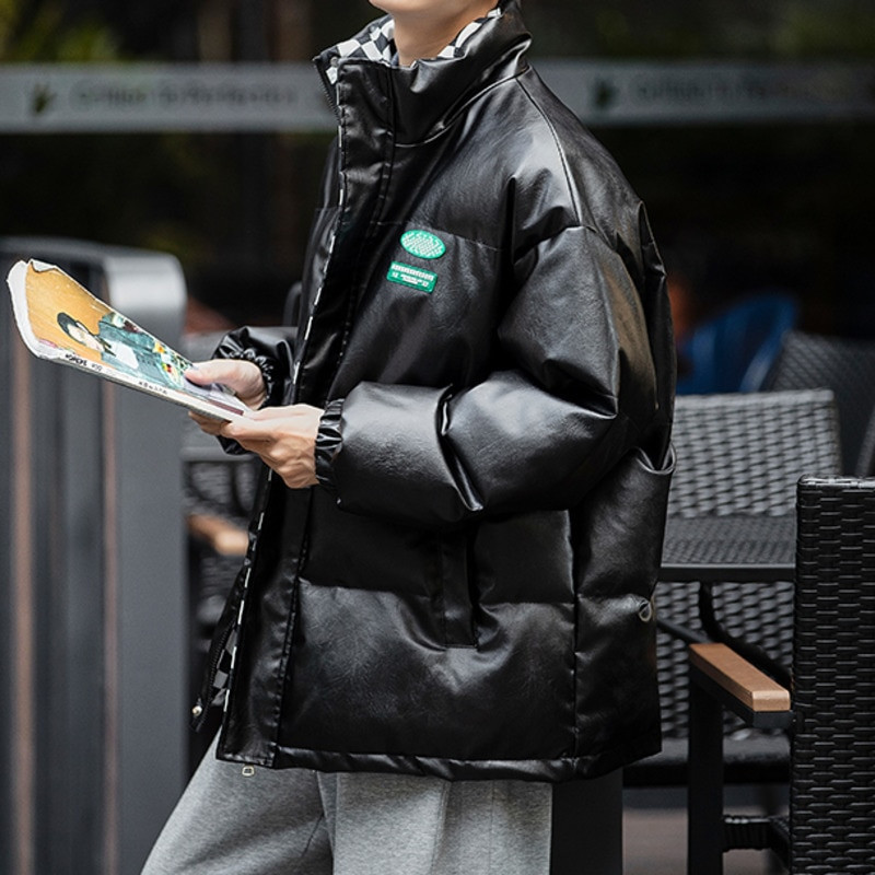 Vīriešu PU ādas parkas Privathinker biezas kokvilnas mētelis, polsterēts rūtains mētelis Modes zīmola statīvs apkakle Vīriešu unisex ziemas jakas