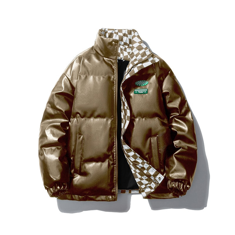 Vīriešu PU ādas parkas Privathinker biezas kokvilnas mētelis, polsterēts rūtains mētelis Modes zīmola statīvs apkakle Vīriešu unisex ziemas jakas